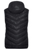 A black ladies down vest with a chevron pattern and a hood, featuring branding on the design.