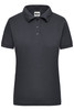 A dark grey women's polo shirt with a collar and button placket, featuring short sleeves. It has a logo on the label.
