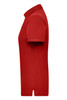 A red women's work polo shirt featuring a collar and short sleeves, with a logo on the front.