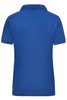 A blue women's polo shirt featuring a collar and short sleeves, with a logo on the back.