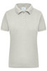 A light grey women's polo shirt with a collar and three buttons, featuring a logo.