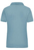 A light blue women's polo shirt with a collar and short sleeves, featuring a logo on the back.