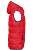 A red men's down vest with a hood, featuring a zip pocket and contrasting trim.