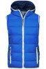 A blue padded vest with a hood, featuring zippered pockets and a contrasting inner lining. It includes a logo.