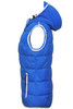 A blue ladies' vest with a hood, featuring a zip pocket and a puffy design. It has a logo on the front.