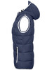 A navy-blue ladies maritime vest with a hood, featuring a zip pocket and a padded design.