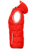 A red padded vest with a hood, featuring no sleeves and side pockets, also has a logo.