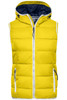 A yellow padded vest with a navy hood, featuring zip pockets and a front zip closure. It has a logo on it.