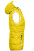 A yellow padded vest with a hood, featuring a side view and white trim along the edges.