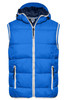 A blue padded vest with a hood, featuring zippered front and side pockets, and contrasting white trims.