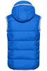 A blue men's vest with a hood and a quilted design, featuring a logo on the back.