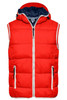 A bright red padded vest with a navy hood, featuring zippered pockets and a front zip closure.