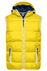 A yellow padded men's vest with a hood, featuring a zip front and two side pockets. It has a contrasting navy lining.