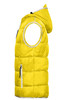 A bright yellow men's maritime vest with a hood, featuring a zippered pocket and a logo.