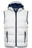 A white and navy men's lightweight vest with a hood, featuring zippered pockets and puffy design.