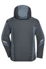 A softshell jacket in dark grey with contrasting lighter grey accents, featuring a hood and a logo.