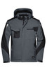A grey softshell jacket with black accents and multiple pockets, featuring a hood and logo.