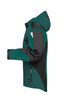 A softshell jacket in teal and black, featuring a hood and side zip pockets, with a logo on the chest.
