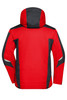 A red and black softshell jacket with a hood, featuring contrasting panels and a logo.