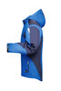 A blue and navy softshell jacket with a hood and multiple zippers. The jacket features a logo on the front.