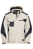 A softshell jacket in cream and navy, featuring a hood and multiple front pockets, along with a branding logo.