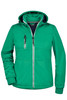 A green ladies maritime jacket featuring a hood and zippered pockets, with a contrasting interior. It has a logo.