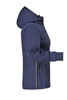 A ladies' maritime jacket in navy blue, featuring a hood and zippered pockets, with a logo on the side.