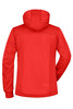 A red ladies' maritime jacket with a hood, featuring a logo on the back. Ideal for rain protection.