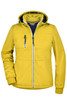 A yellow ladies maritime jacket featuring a hood, zippered front, and two zippered pockets, with a contrasting blue lining.
