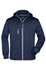A navy blue men's maritime jacket with a zip front and a hood, featuring a zipped chest pocket and branding.