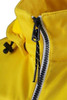 A yellow maritime jacket featuring a zip closure and a high collar, with a black cord and toggle.