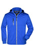 A blue men's maritime jacket with a hood, featuring zippered pockets and a sleek design. It has branding on it.