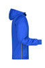 A blue men's maritime jacket featuring a hood and zippered pockets, with a logo on the front.