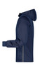 A navy men's maritime jacket featuring a hood and zippered pocket, crafted for inclement weather.