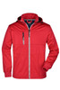 A red men's maritime jacket featuring a zip front, hood, and a zippered chest pocket. It has a logo on the front.