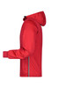 A red men's maritime rain jacket features a hood and a zippered pocket, with contrasting cuffs and trim.