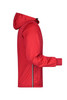 A red men's maritime jacket, featuring a hood and zippered pockets, with a sleek, waterproof design.