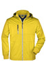 A yellow men's maritime jacket with a zip front, hood, and zippered chest pocket, featuring a logo.
