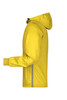 A yellow men's maritime jacket featuring a hood, zippered pockets, and a logo. It has a sleek, modern design.