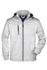 A men's rain jacket in grey with a hood and zippered pockets, featuring a logo on the chest.