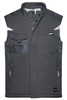 A grey softshell vest featuring multiple pockets and a logo.