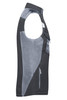 A grey and black softshell vest featuring a zip pocket and a branded logo.