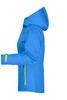 A women's rain jacket in blue with green accents and a hood, featuring zippered pockets.