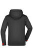 A black outdoor jacket with a hood, featuring red accents and a logo on the sleeve.
