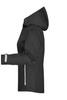 A black outdoor jacket with a hood, featuring reflective details and a fitted design. The jacket has a logo on it.