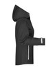 A black ladies outdoor jacket with a hood and reflective detailing, featuring a zip front and side pockets.