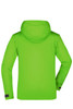 A bright green ladies outdoor jacket with a hood, featuring long sleeves and an adjustable cuff. It has a logo on the back.