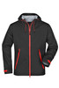 A stylish black outdoor jacket featuring red zips and accents, with a hood and multiple pockets.