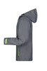 A grey men's outdoor jacket with a hood, featuring green accents and a logo on the side.