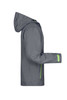 A grey men's outdoor jacket with a hood and bright green accents, featuring long sleeves and a side view design.